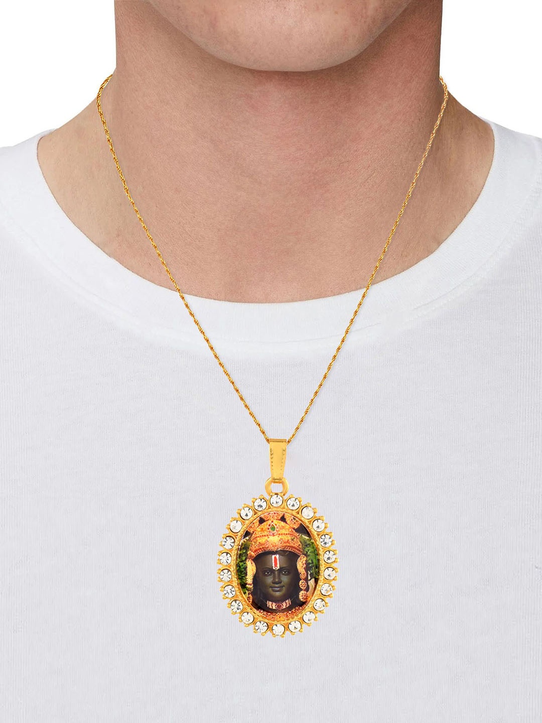

MEMOIR Men Gold-Plated CZ Studded Ayodhya Ram Lalla Circular Pendant