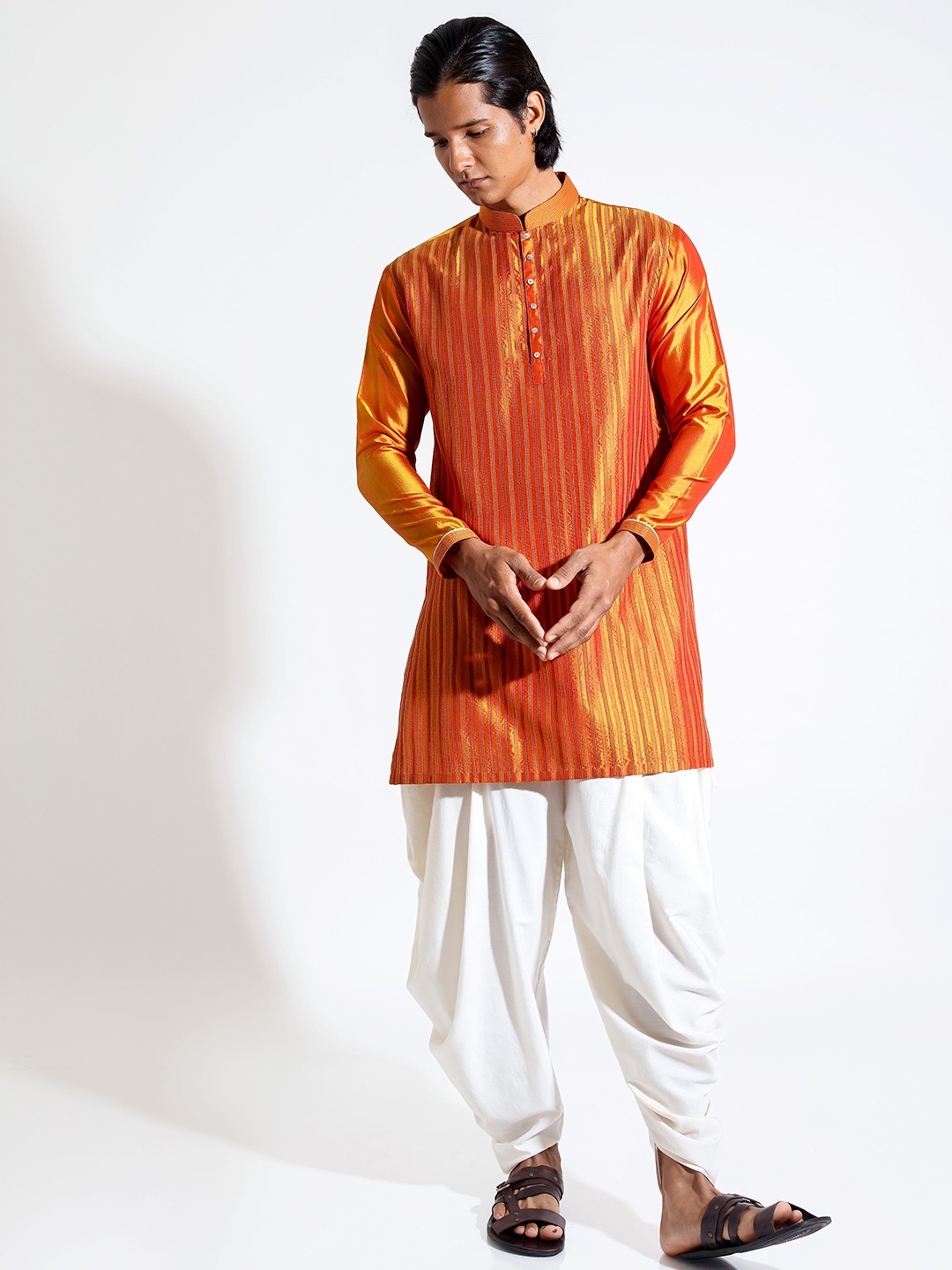 

VIVEK KARUNAKARAN Striped Woven Design Thread Work Silk Straight Kurta, Yellow