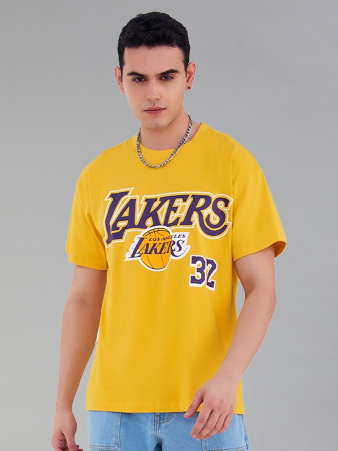 

NBA Men Graphic Printed Round Neck Cotton Oversized T-shirt, Yellow