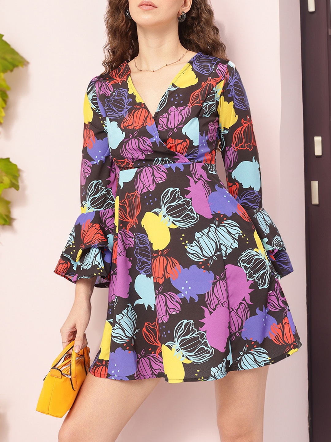 

DressBerry Funky Florals Printed Bell Sleeve Mini A-line Dress, Black