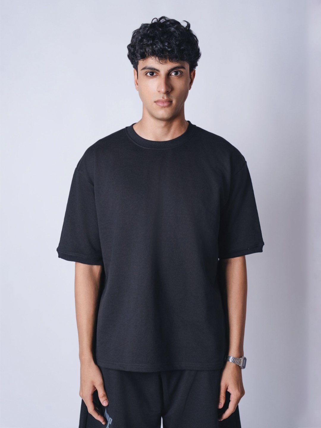 

HOP HEAD Unisex Solid Round Neck Cotton Oversized T-shirt, Black