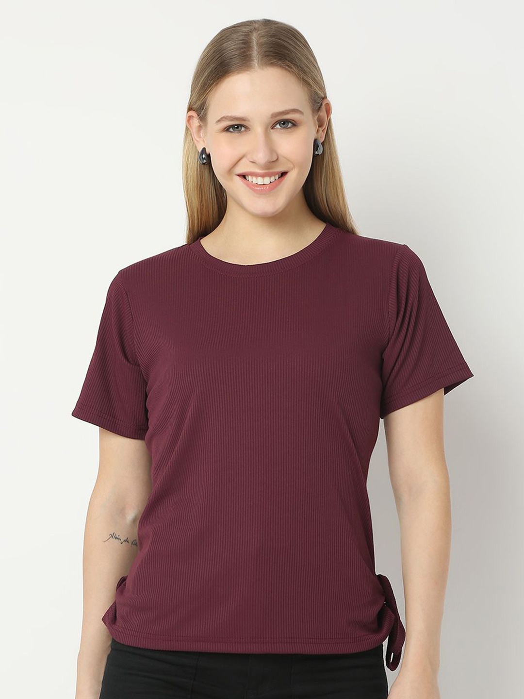 

Smarty Pants Women Solid Round Neck Cotton Top, Burgundy