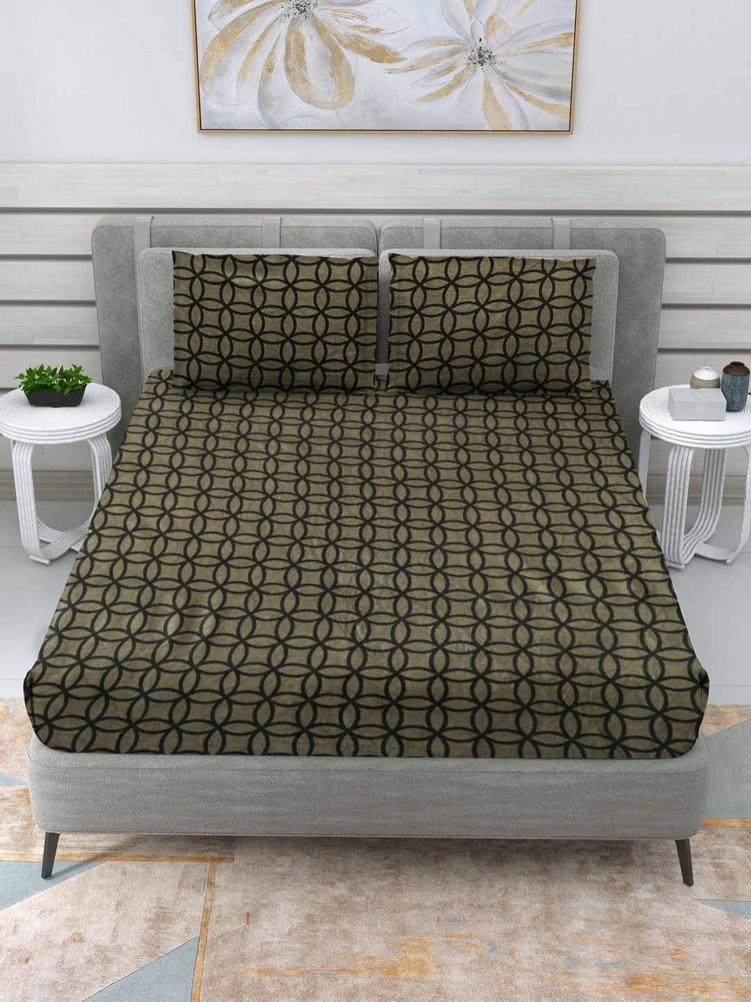 

RRC RR creations Green Geometric Pnted 300 TC Fitted Woolen King Bedsheet & 2 Pillow Cover