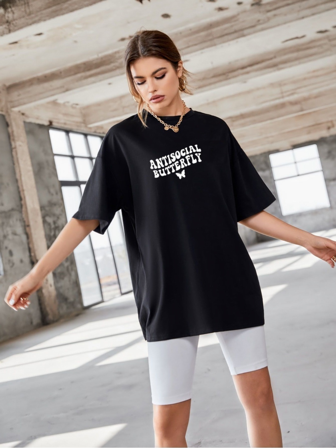 

REVEXO Women Typography Printed Round Neck Cotton Oversized T-shirt, Black