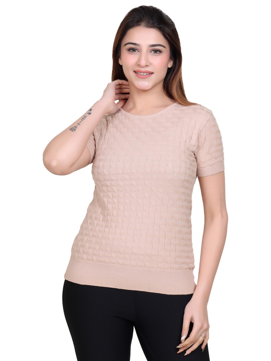 

LEZA Women Solid Round Neck Cotton Slim Fit T-shirt, Nude