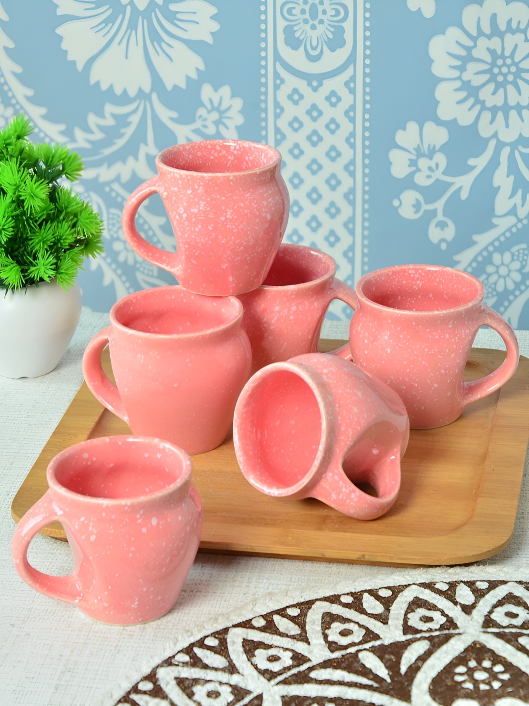 

FABINALIV Peach-Coloured 6 Pieces Solid Ceramic Glossy Cups and Mugs