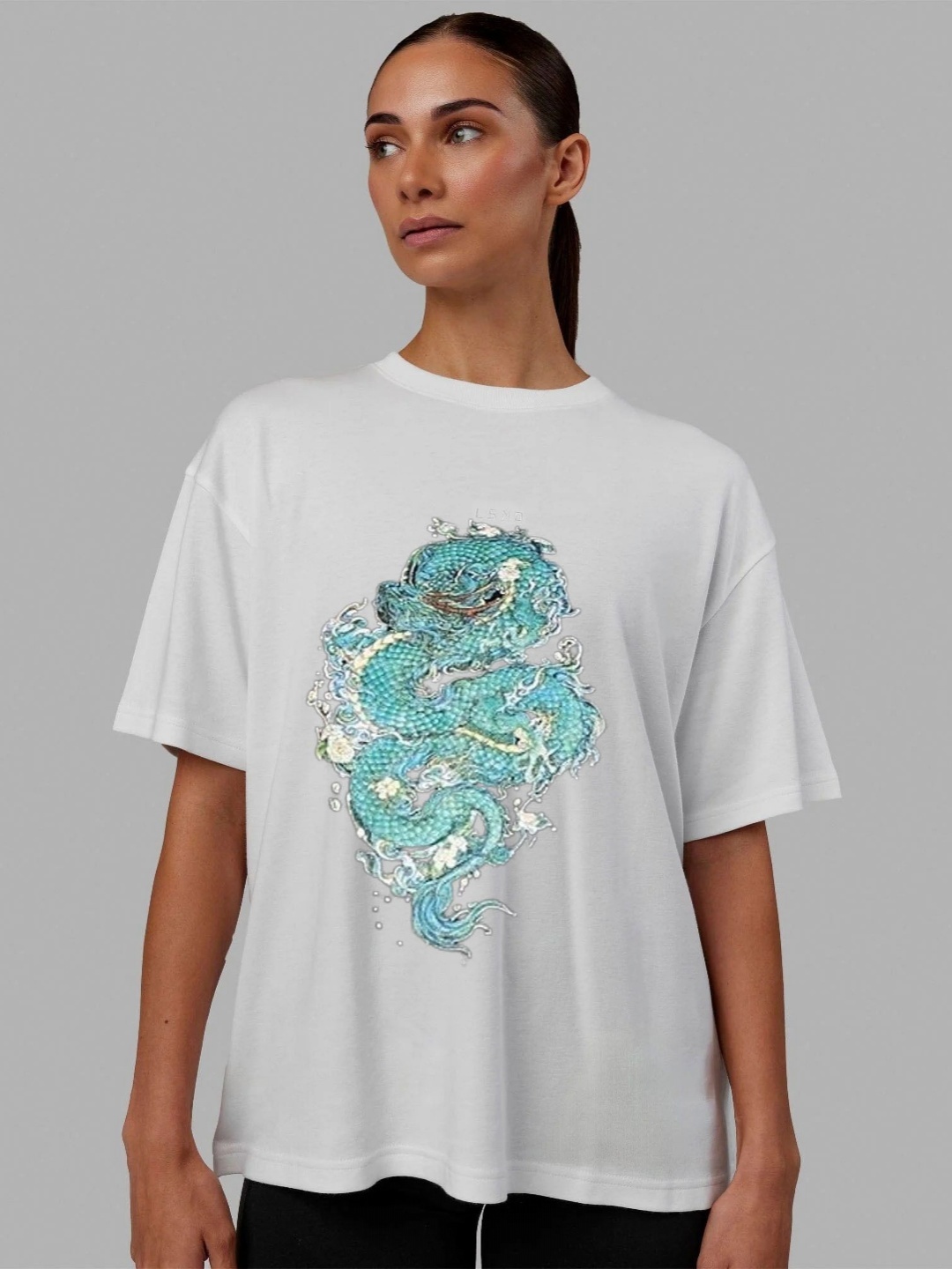 

REVEXO Women Graphic Printed Round Neck Cotton Oversized T-shirt, White