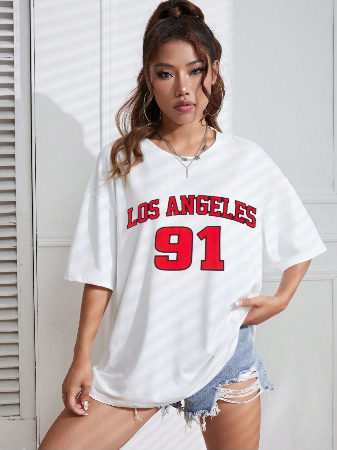 

REVEXO Women Varsity Printed Round Neck Cotton Oversized T-shirt, White