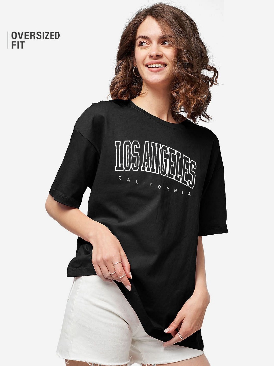 

REVEXO Women Typography Printed Applique T-shirt, Black