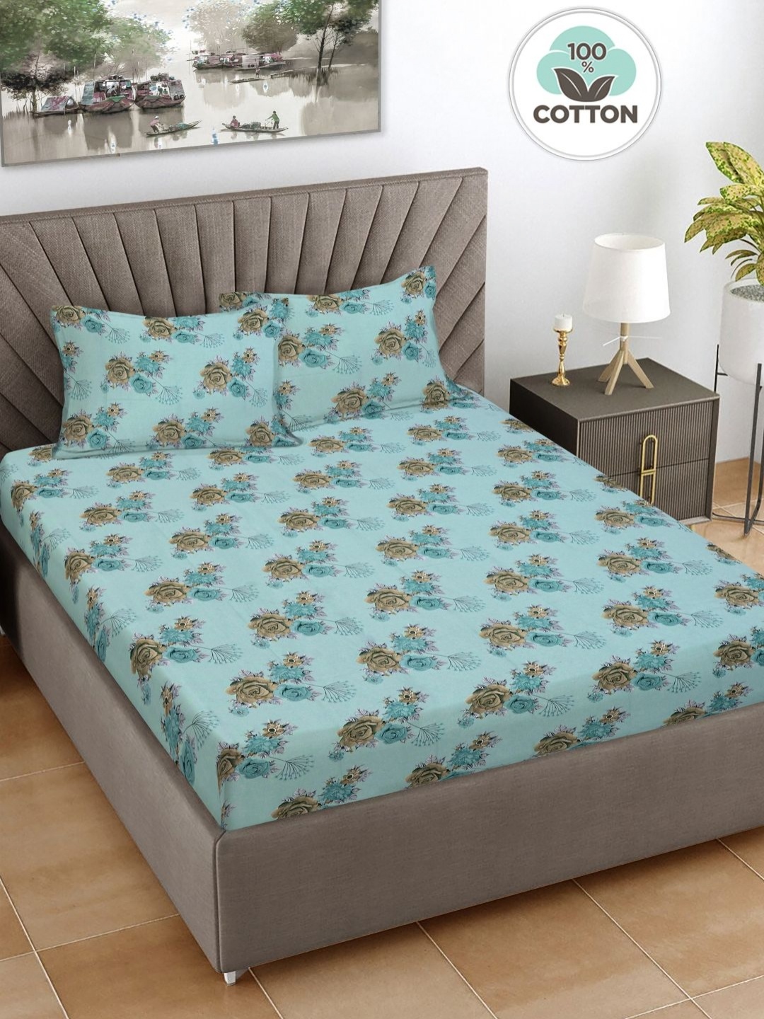 

FABINALIV Blue & Brown Floral Print 300 TC Cotton King Size Bedsheet & 2 Pillow Covers