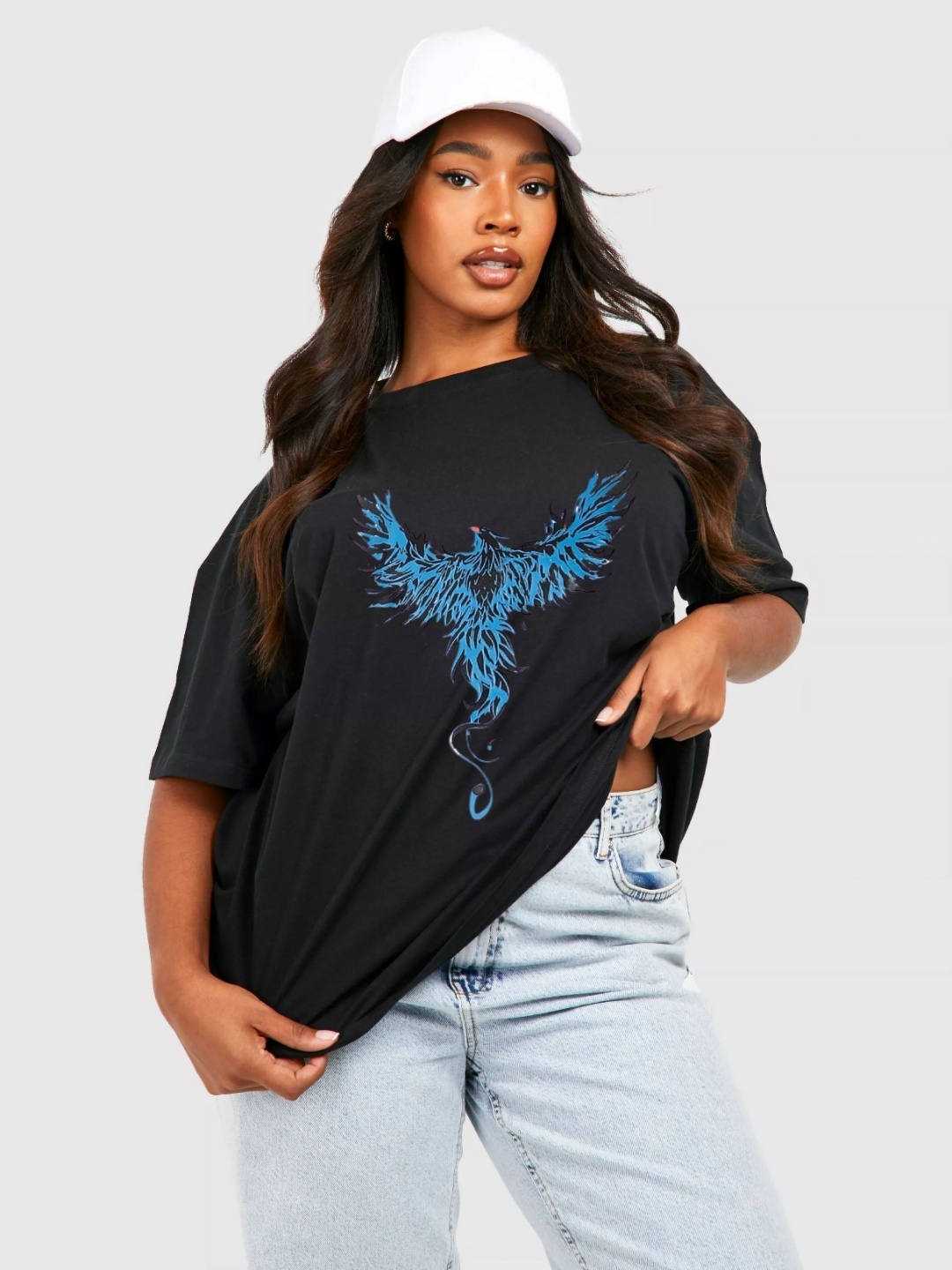 

REVEXO Women Graphic Printed Round Neck Cotton Oversized T-shirt, Black