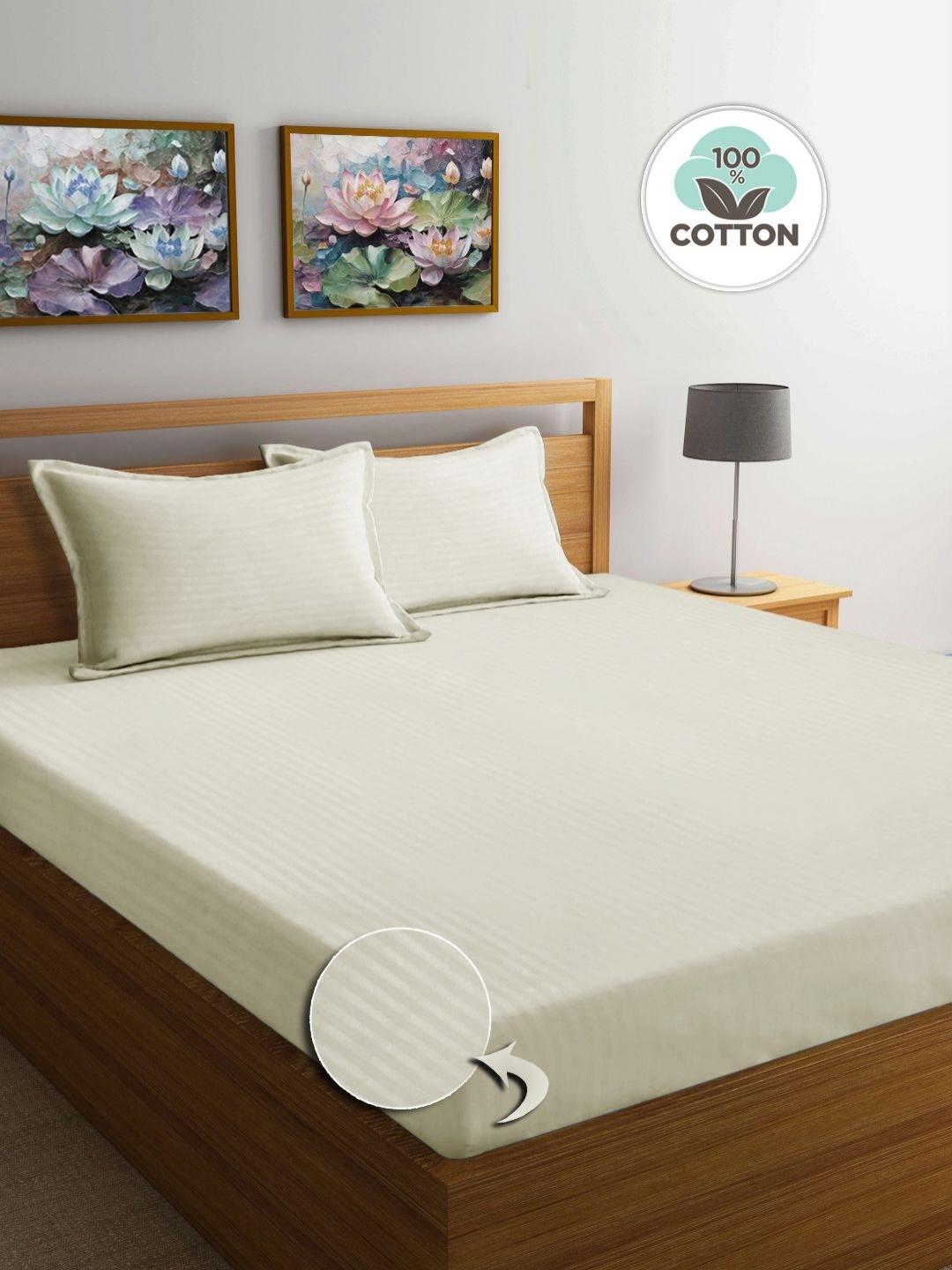 

FABINALIV Cream-Coloured Striped Print Cotton Super King Size Bedsheet & 2 Pillow Covers