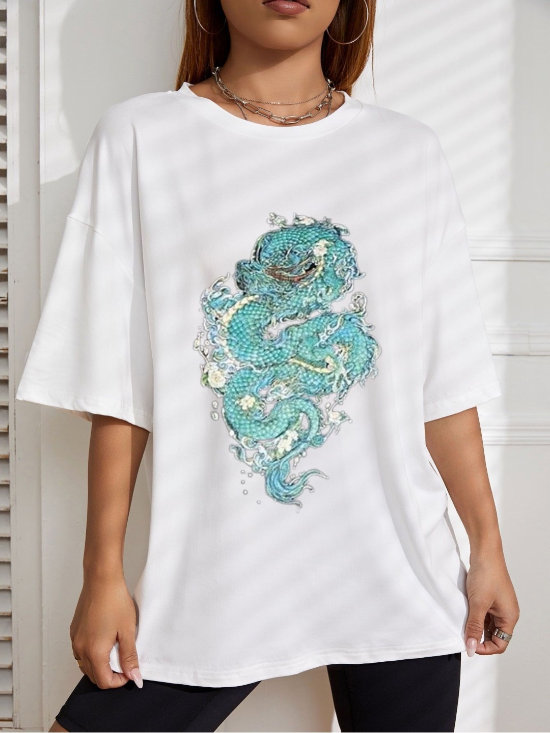 

REVEXO Women Graphic Printed Round Neck Cotton Oversized T-shirt, White