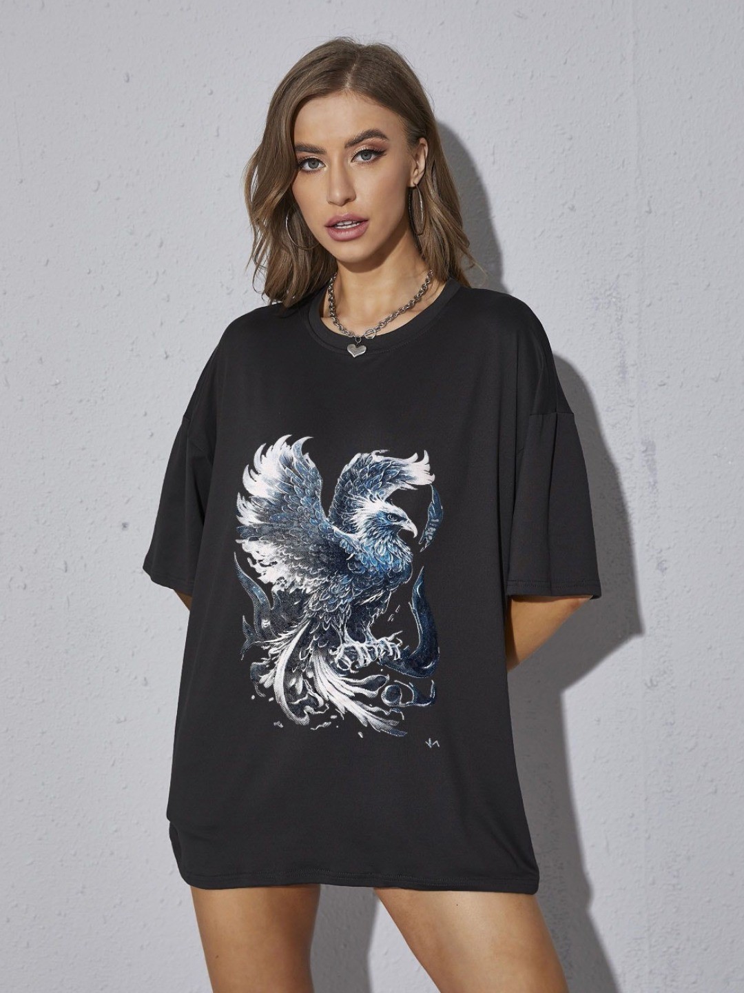 

REVEXO Women Graphic Printed Round Neck Cotton Oversized T-shirt, Black