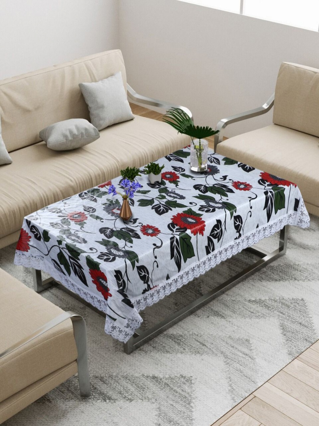 

LooMantha Grey & White Floral Printed 4 Seater Table Cover