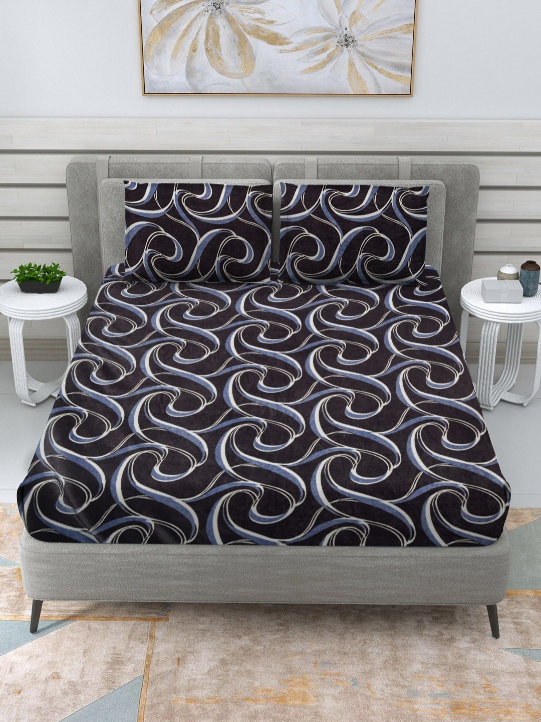 

RRC Coffee Brown Abstract Printed 300 TC Fitted Woolen Queen Bedsheet & 2 Pillow Cover