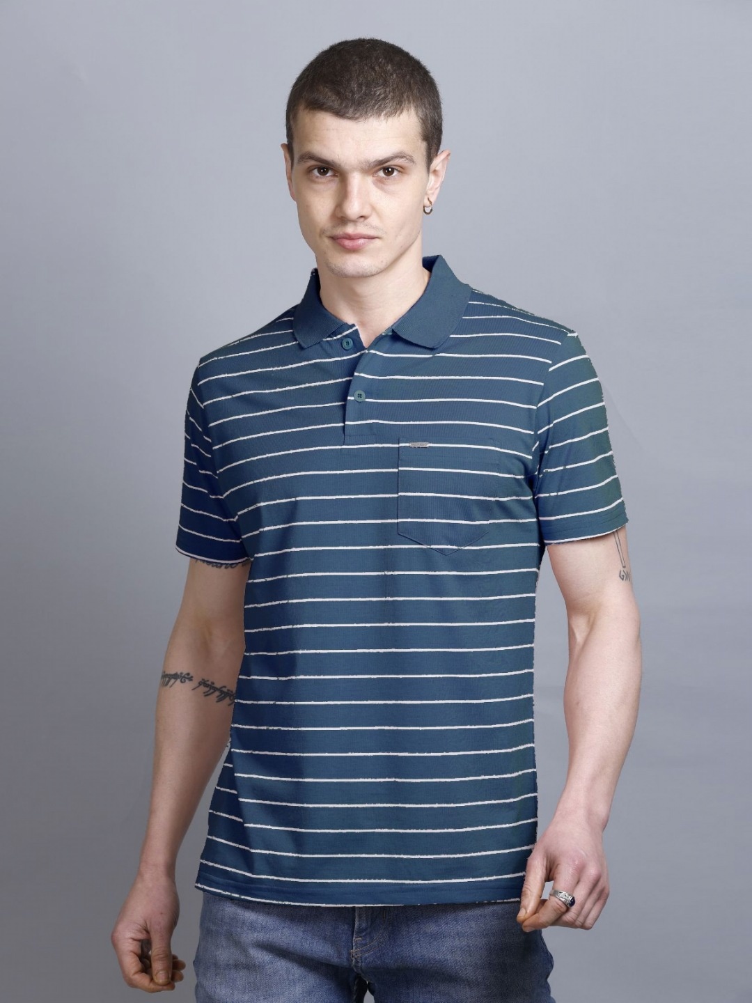 

GODFREY Men Striped Polo Collar Cotton T-shirt, Navy blue