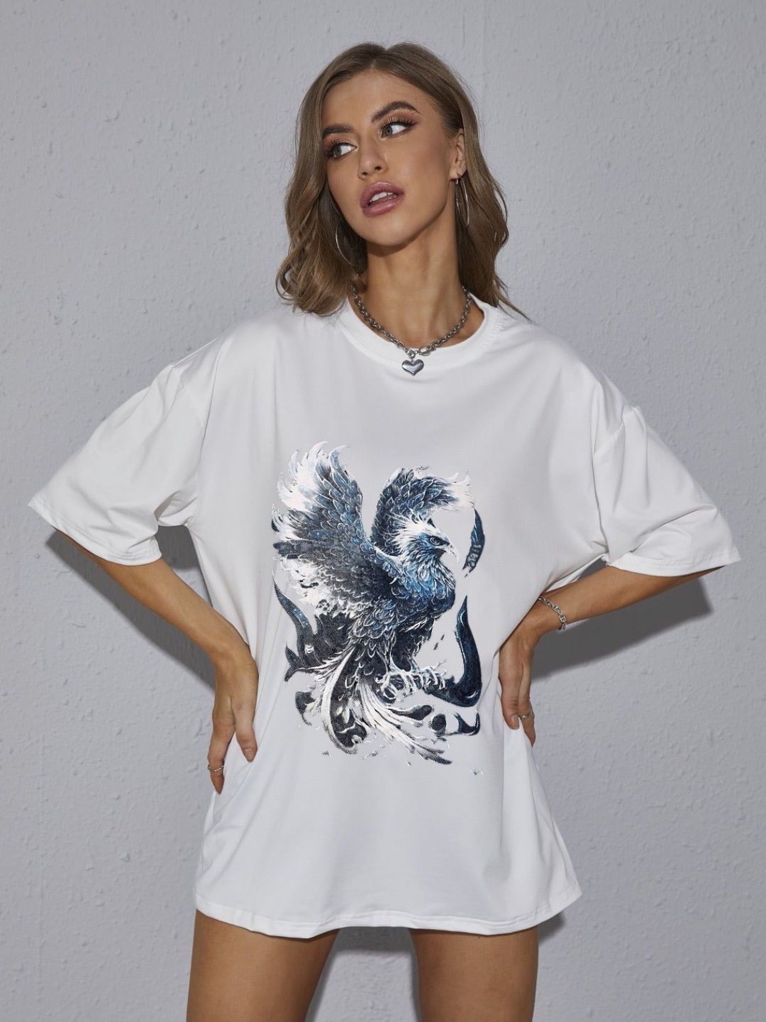 

REVEXO Women Graphic Printed Round Neck Cotton Oversized T-shirt, White