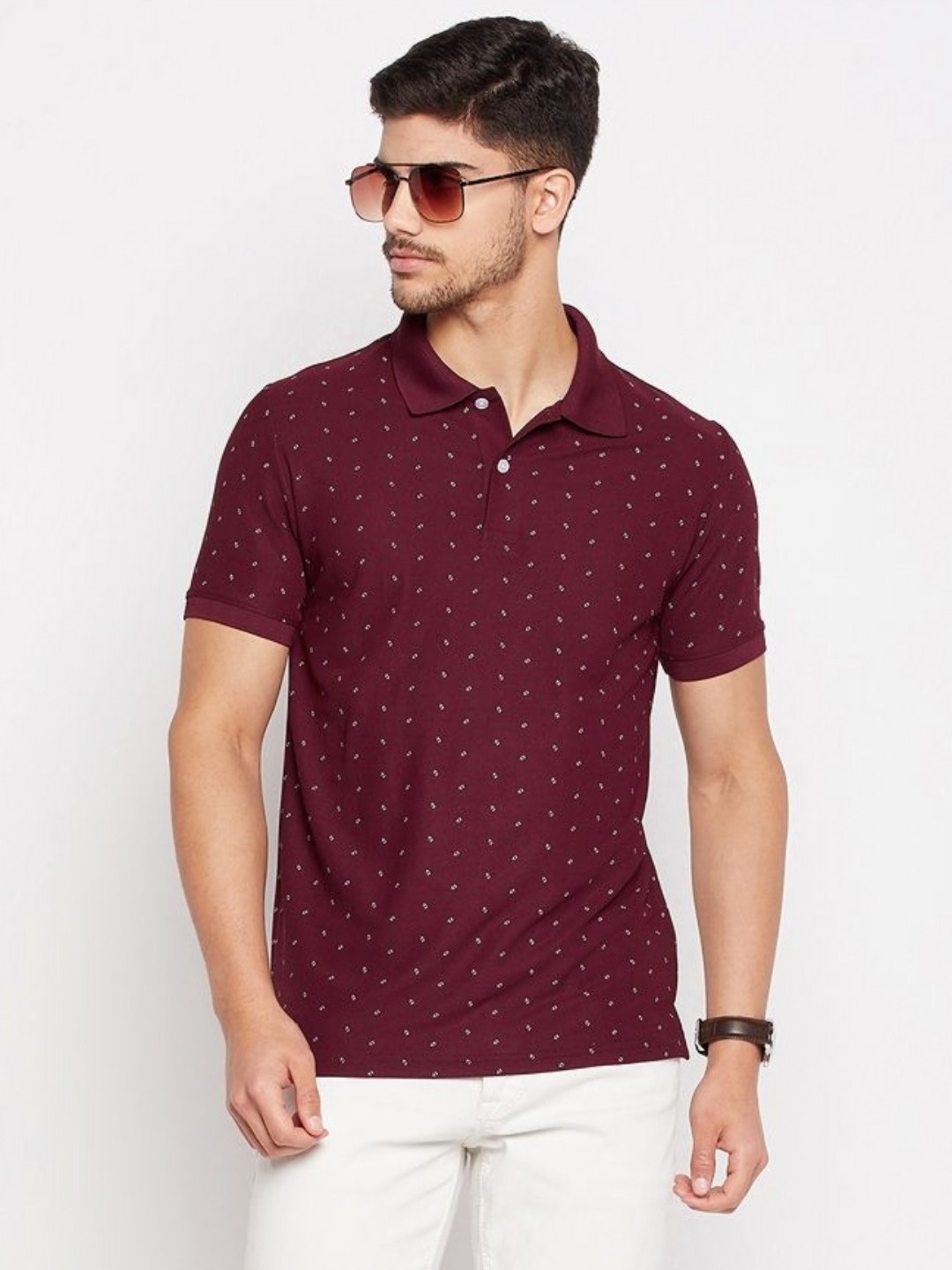 

RISS Men Conversational Printed Polo Collar Cotton T-shirt, Maroon