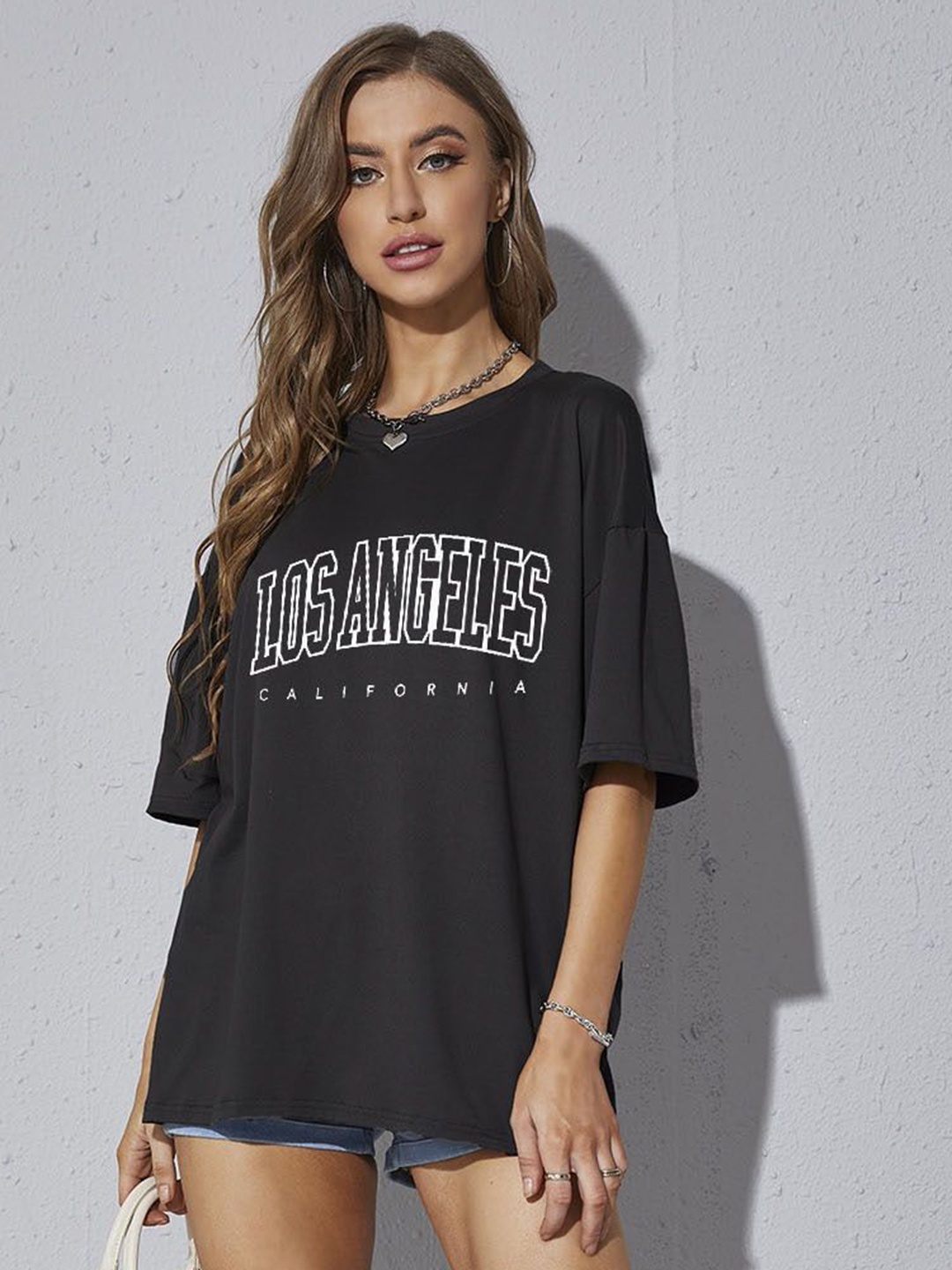

REVEXO Women Typography Printed Extended Sleeves T-shirt, Black