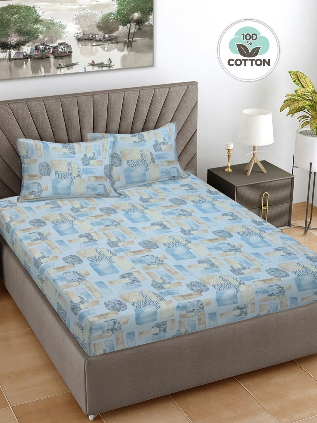 

FABINALIV Blue & Beige Geometric Print Cotton Super King Size Bedsheet & 2 Pillow Covers