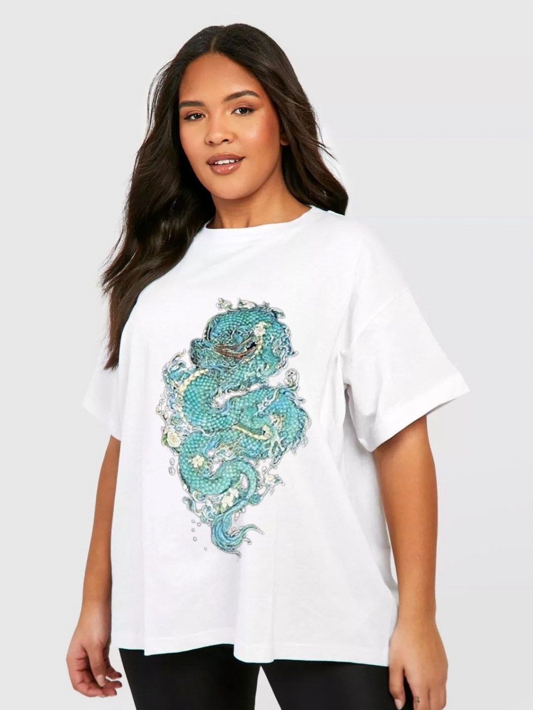 

REVEXO Women Graphic Printed Round Neck Cotton Oversized T-shirt, White