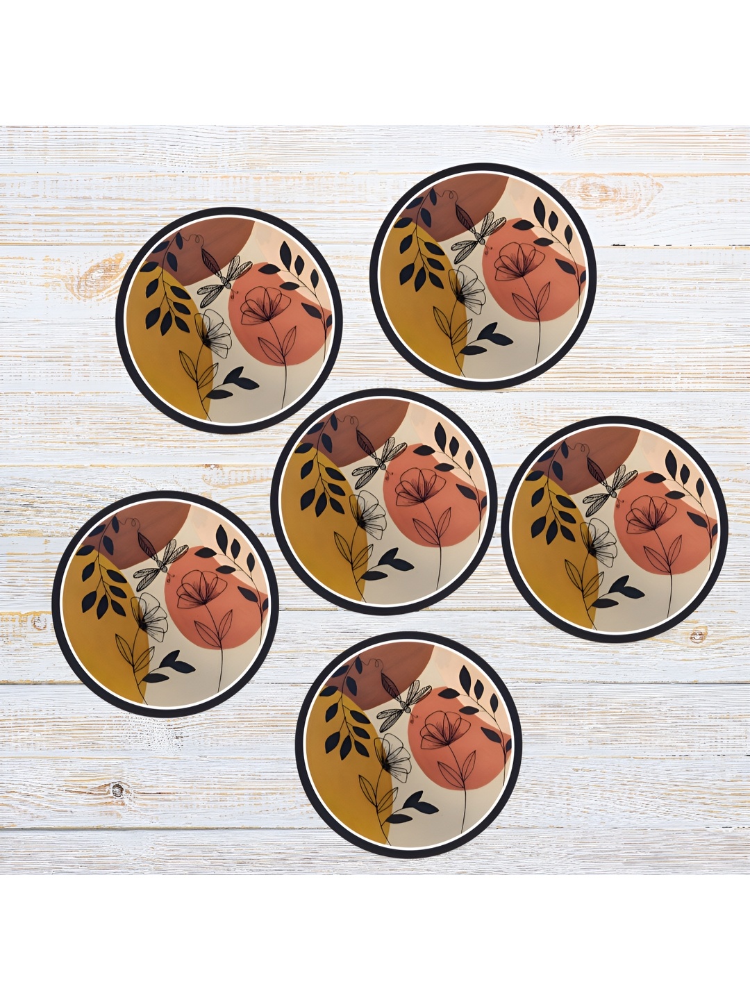 

Home Delight Brown & Grey 6 Pieces Floral Printed Round Wooden Coasters