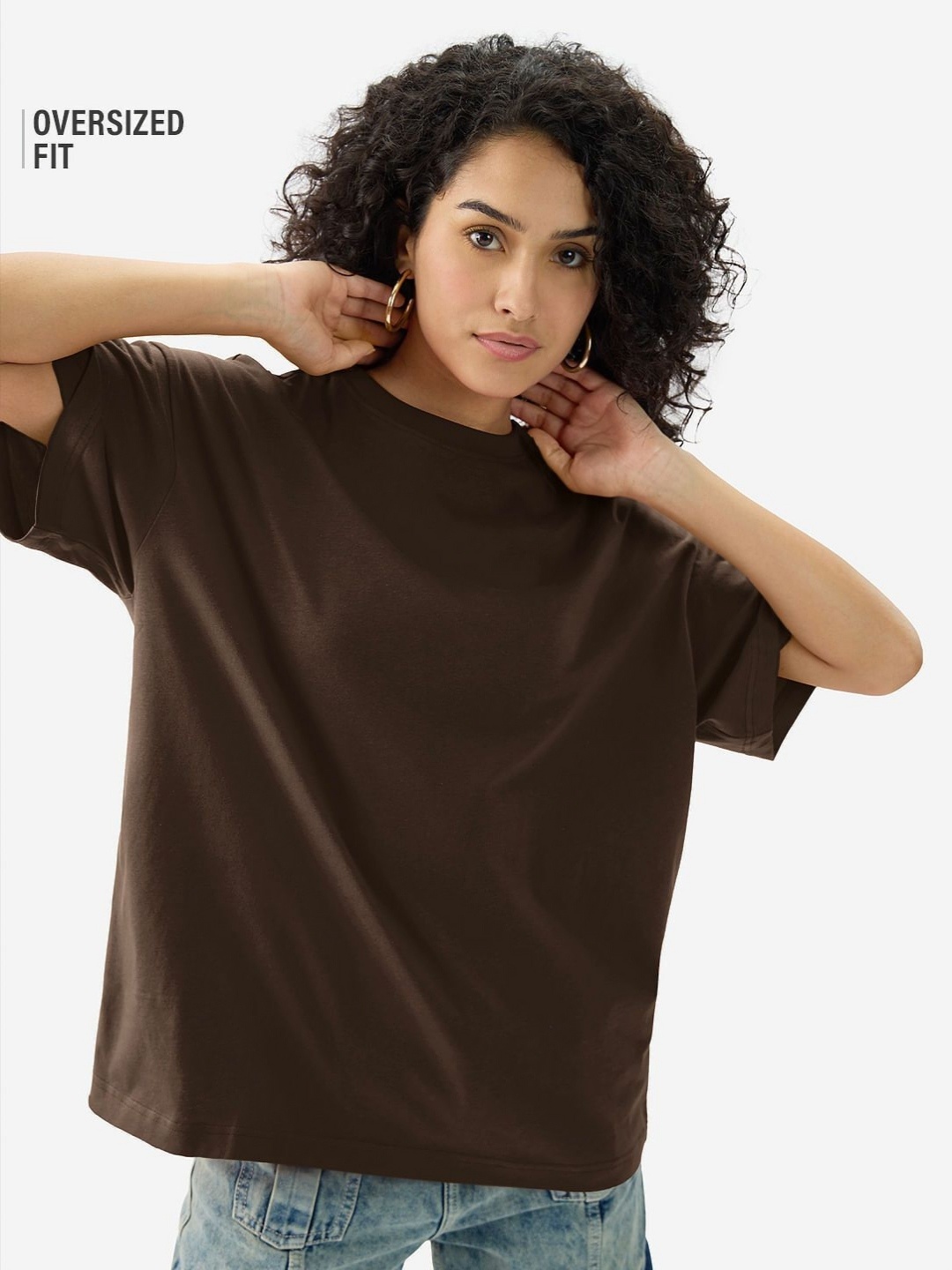 

REVEXO Women Printed Applique Cotton T-shirt, Coffee brown