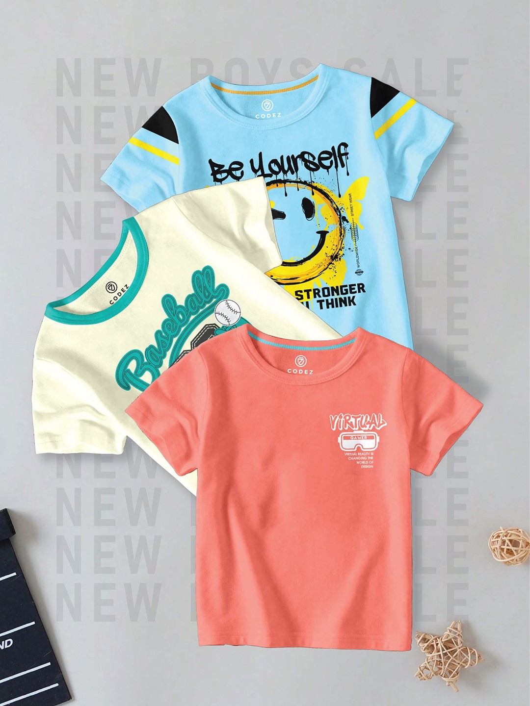 

CODEZ Boys Pack Of 3 Typography Printed Round Neck Cotton T-shirts, Turquoise blue
