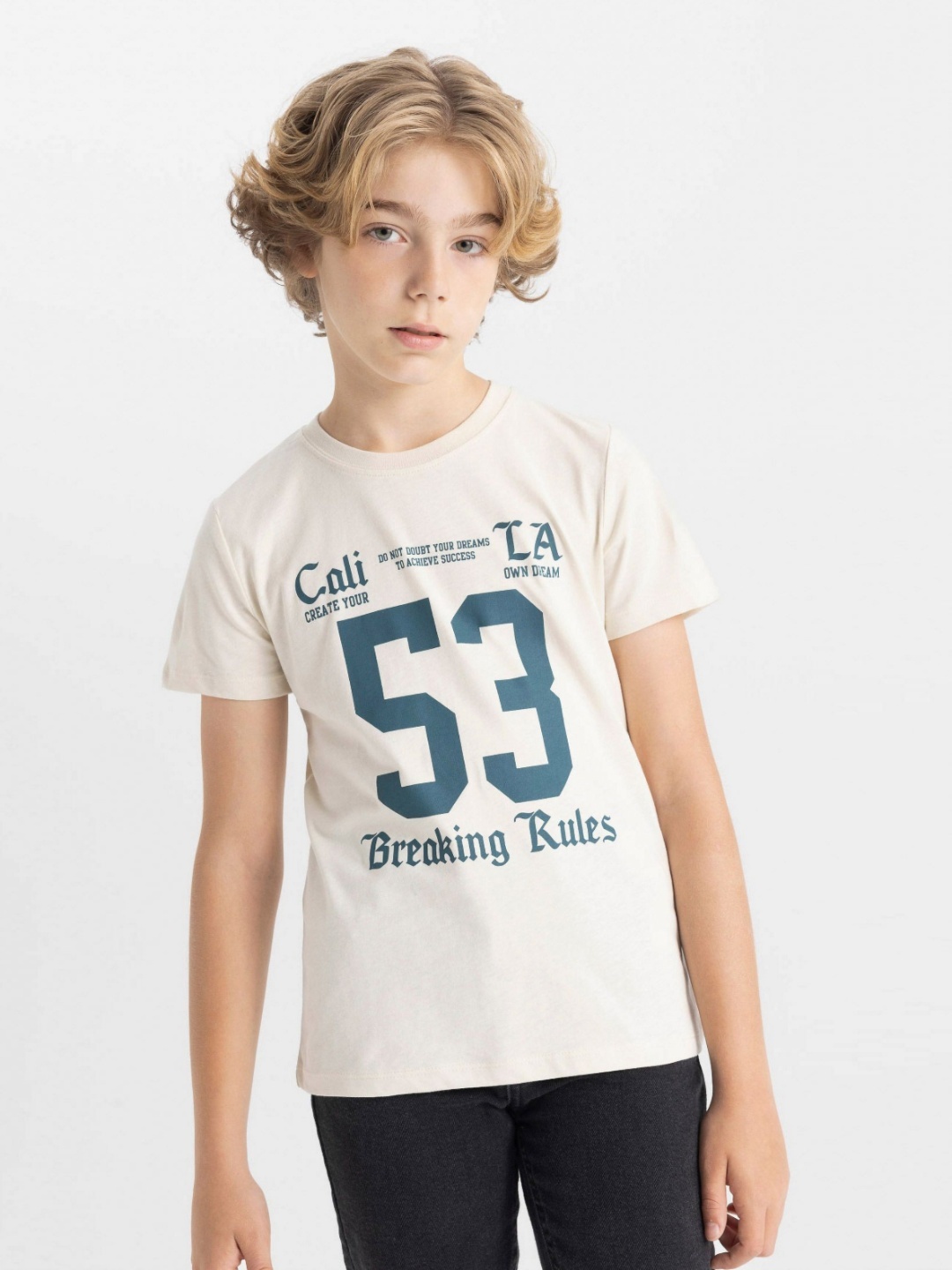 

DeFacto Boys Typography Printed Round Neck Pure Cotton T-shirt, Off white