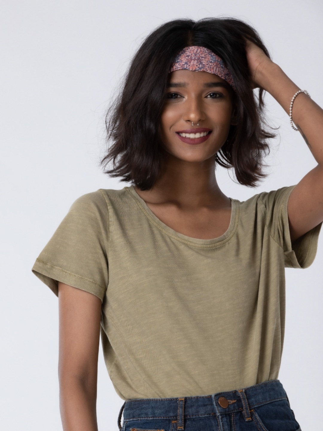 

PURPLE POTATO Women Solid Round Neck Cotton Relaxed Fit T-shirt, Olive