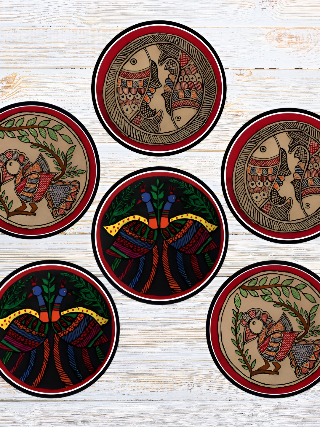 

Home Delight Beige & Black 6 Pieces Mayur Meen Printed Round Wooden Coasters