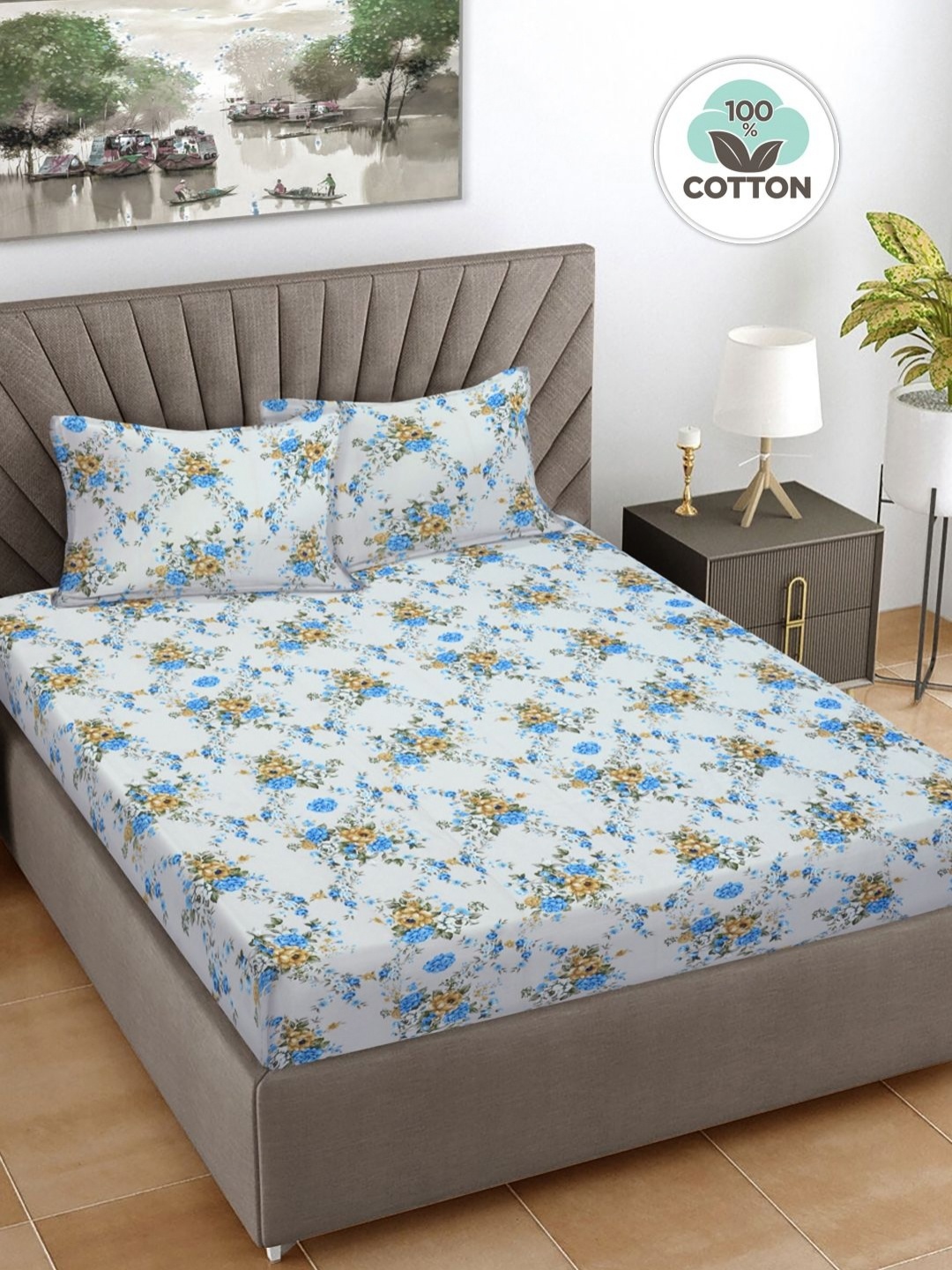 

FABINALIV Blue & Mustard Floral Print Cotton Super King Size Bedsheet & 2 Pillow Covers