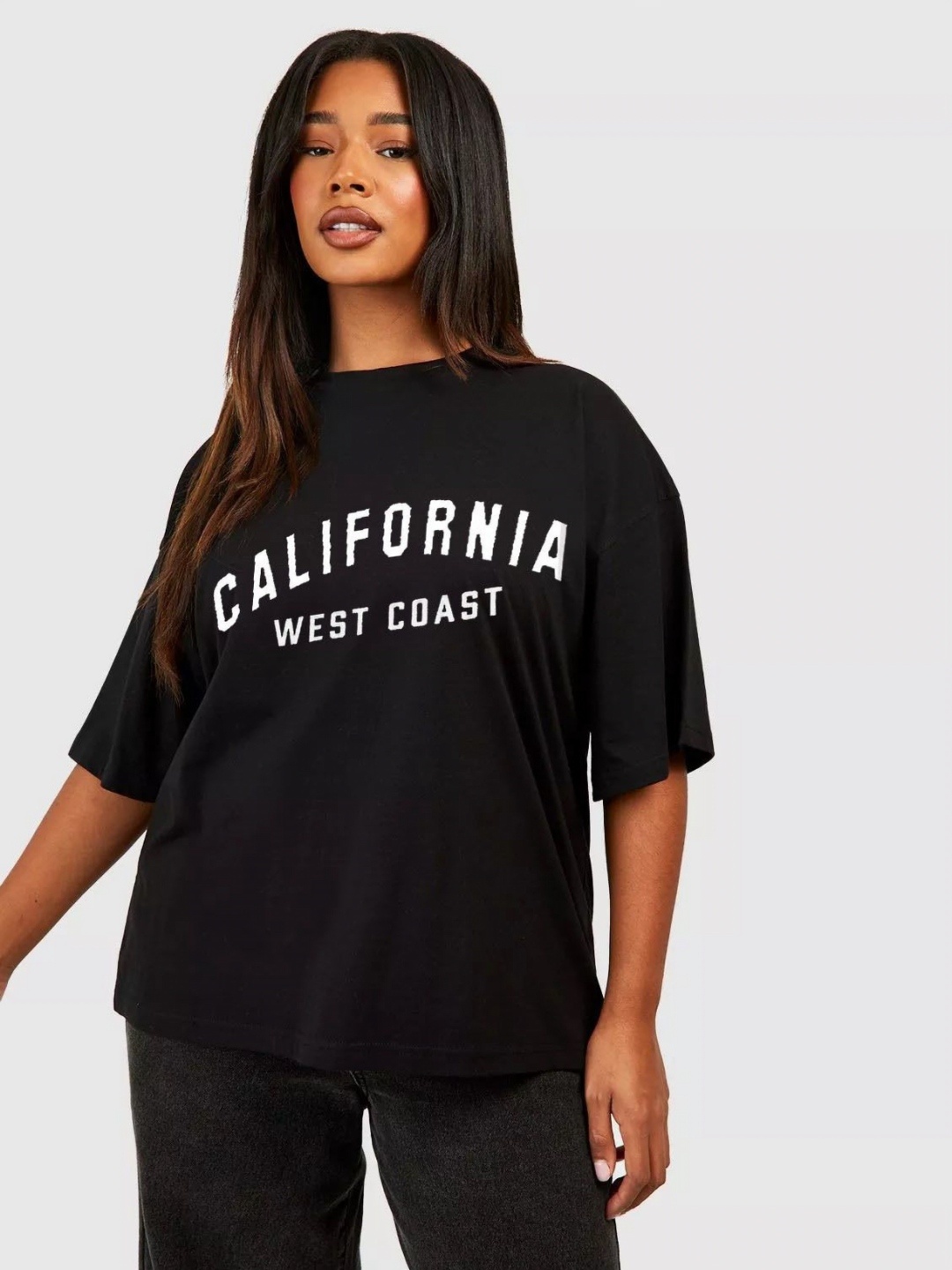 

REVEXO Women Typography Printed Round Neck Cotton Oversized T-shirt, Black