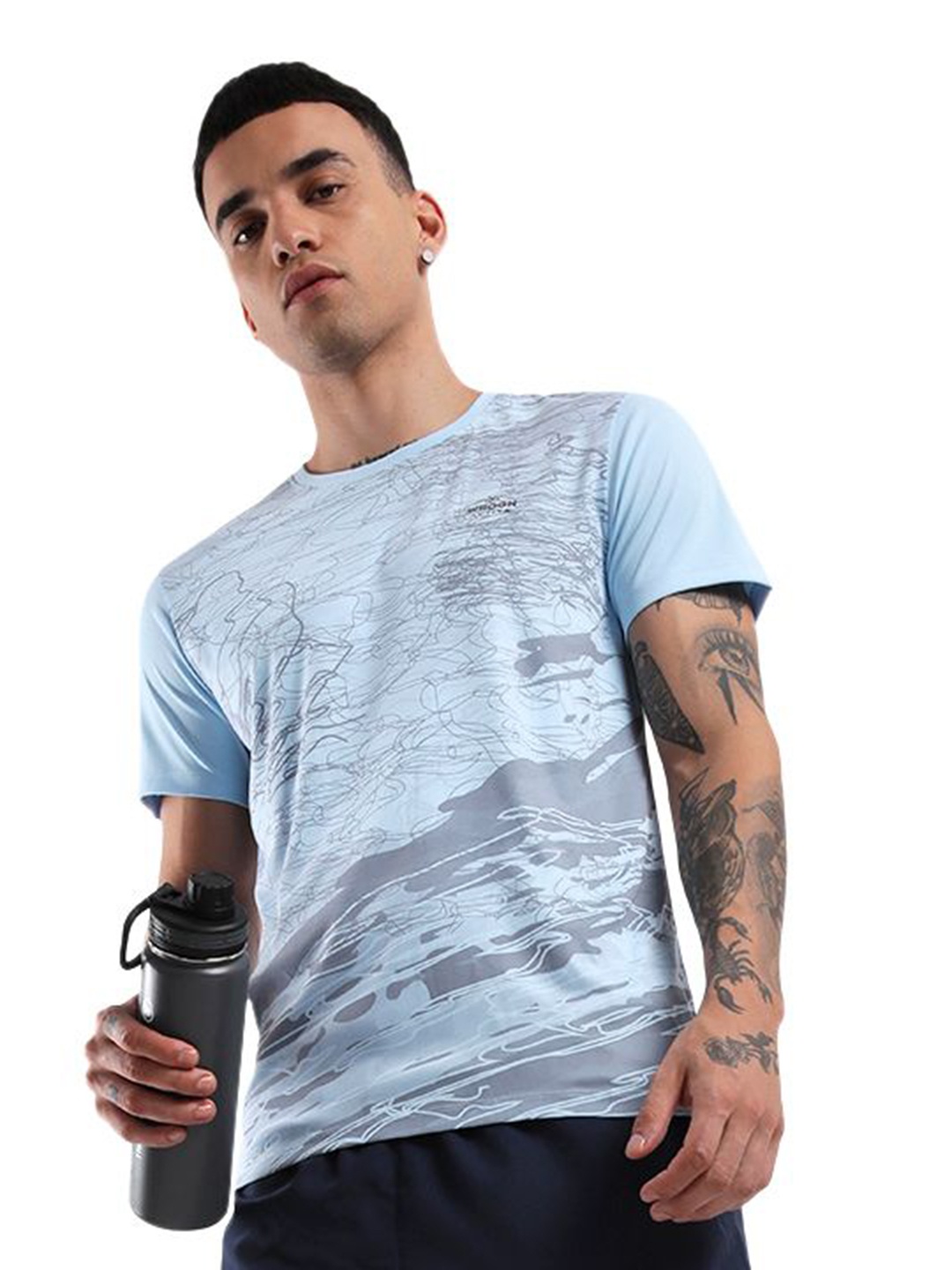 

WROGN Men Abstract Printed Round Neck Slim Fit T-Shirt, Blue