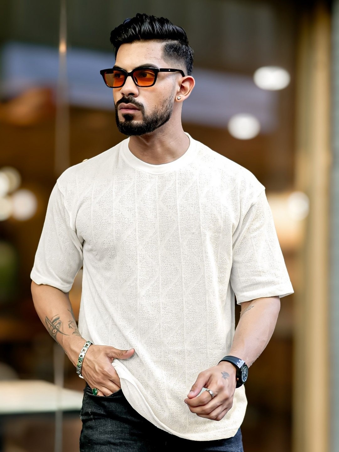 

Maniac Men Self Design Round Neck Cotton Slim Fit T-shirt, White