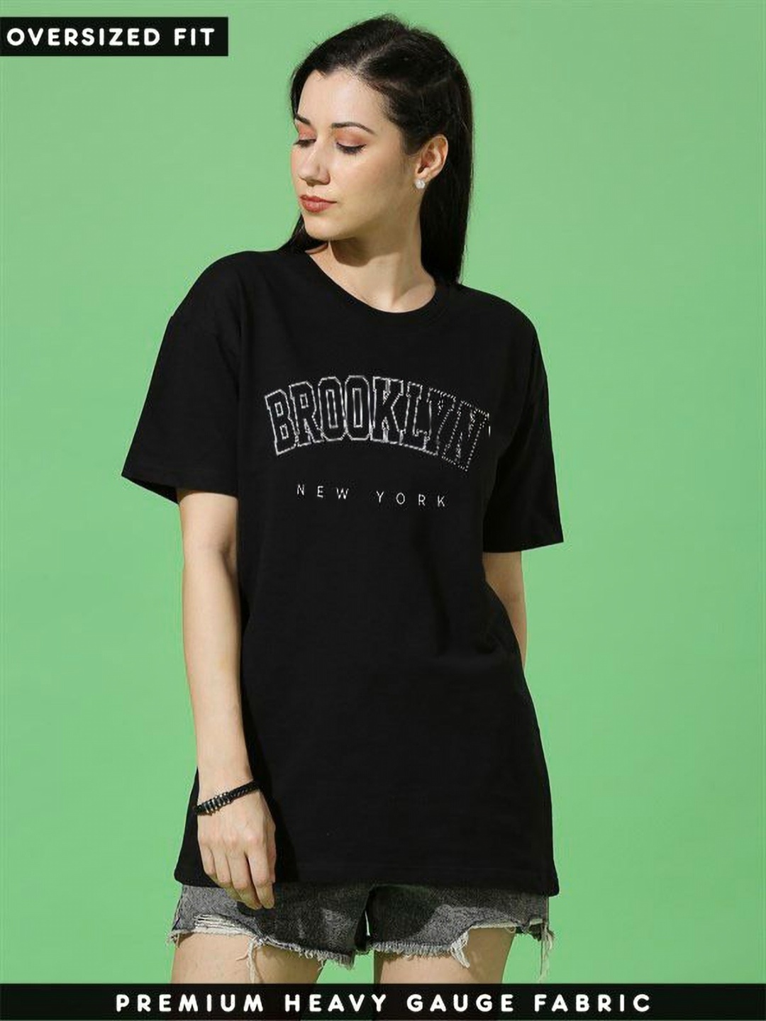 

REVEXO Women Typography Printed Round Neck Cotton Oversized T-shirt, Black