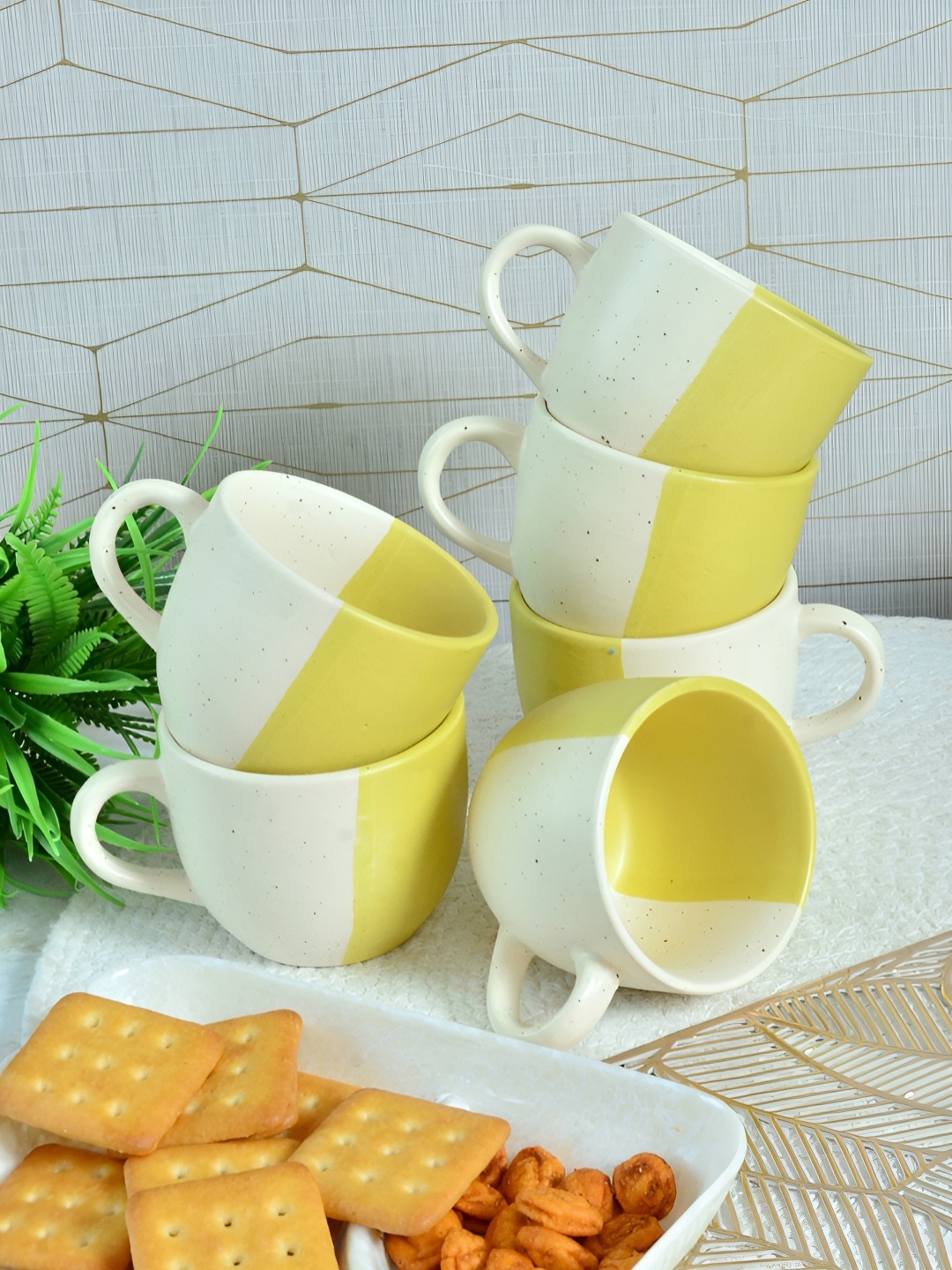 

FABINALIV Yellow & White 6 Pieces Textured Ceramic Matte Cups and Mugs