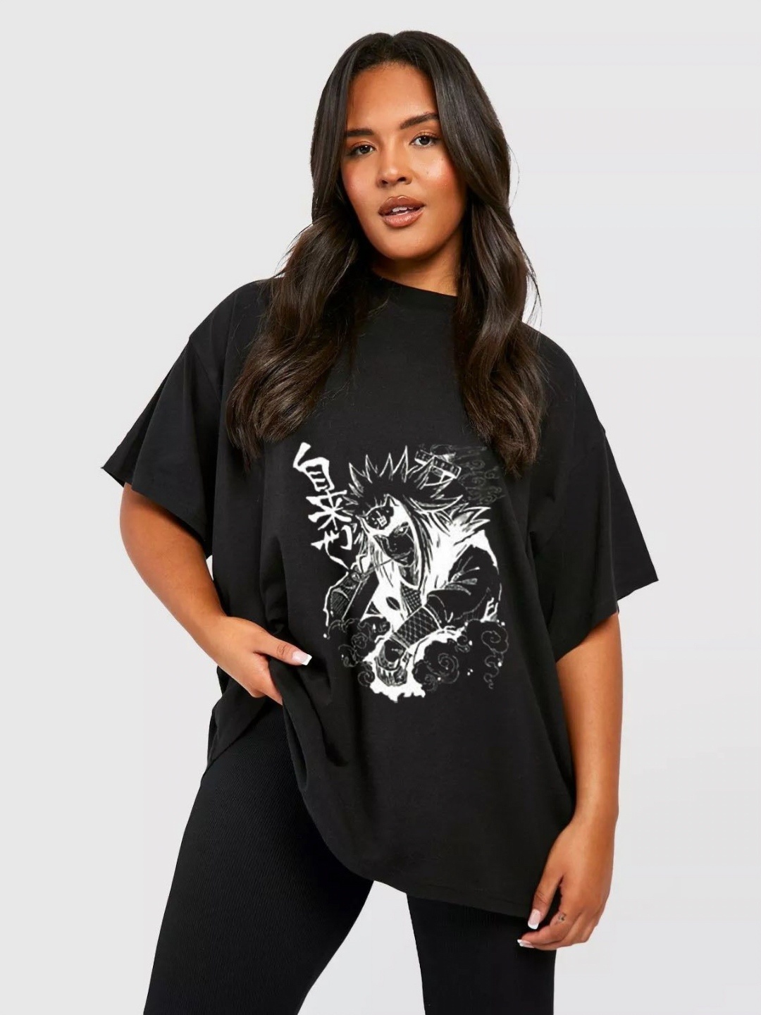 

REVEXO Women Graphic Printed Round Neck Cotton Oversized T-shirt, Black