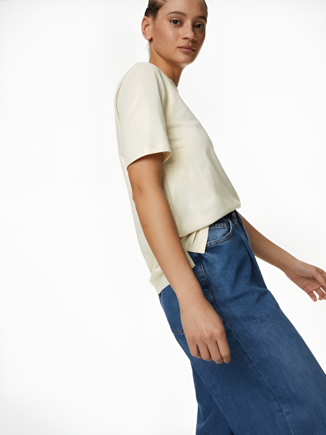 

Marks & Spencer Women Solid Round Neck Cotton T-shirt, Cream