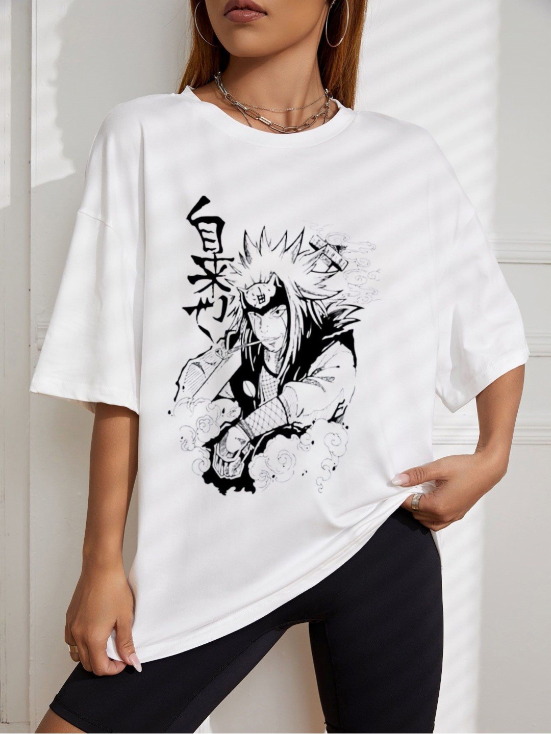 

REVEXO Women Graphic Printed Round Neck Cotton Oversized T-shirt, White