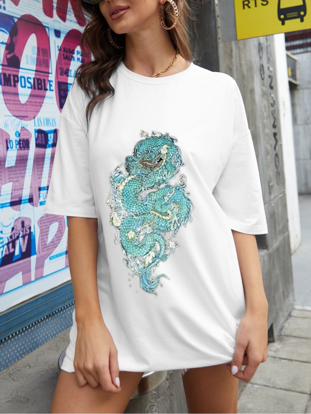 

REVEXO Women Graphic Printed Round Neck Cotton Oversized T-shirt, White