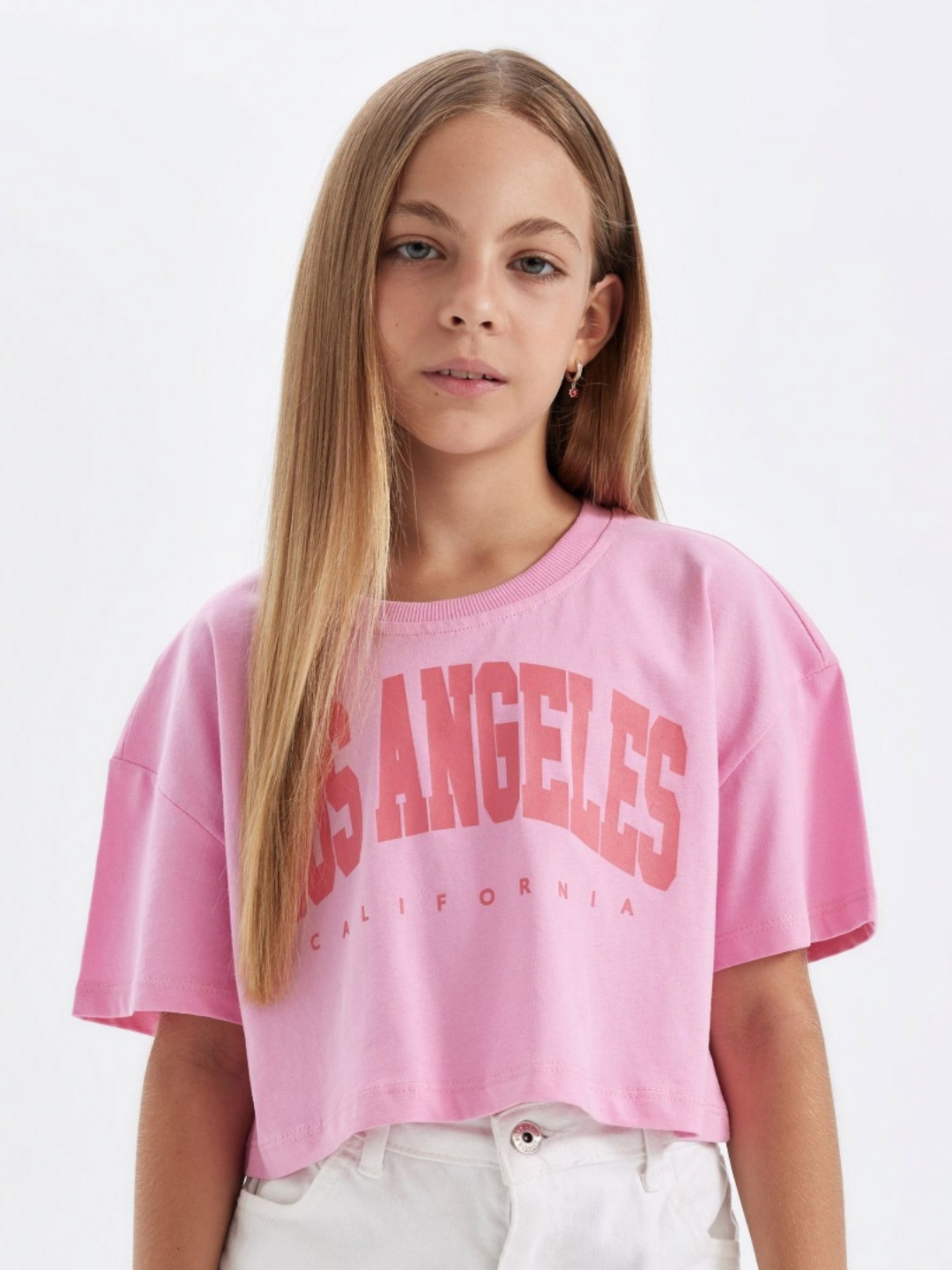 

DeFacto Girls Typography Striped Pockets Cotton T-shirt, Na