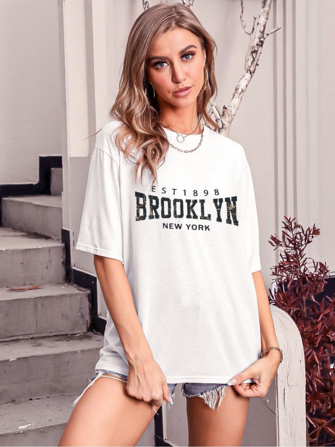 

REVEXO Women Typography Printed Round Neck Cotton Oversized T-shirt, White