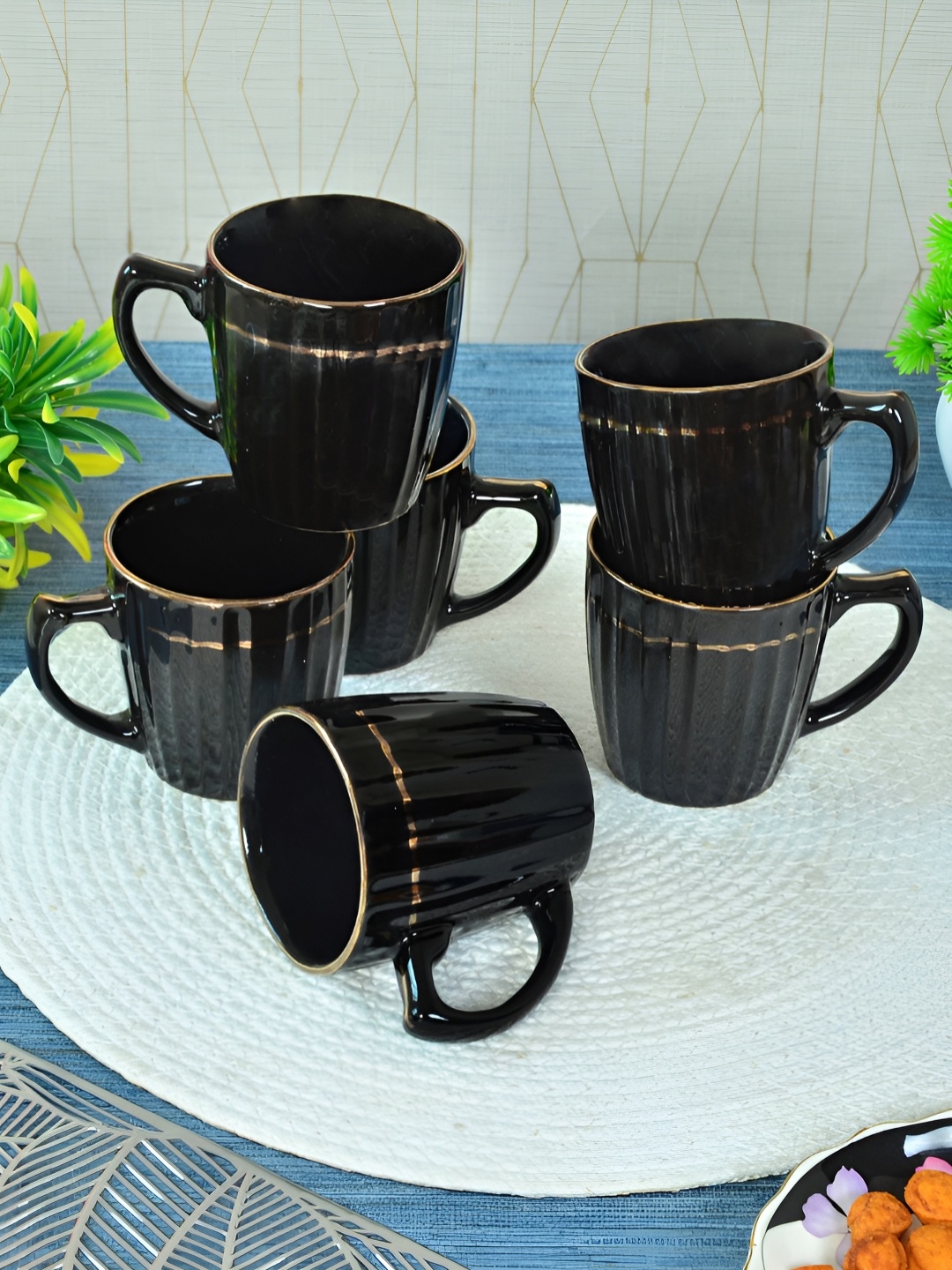 

FABINALIV Black & Beige 6 Pieces Textured Ceramic Glossy Cups and Mugs