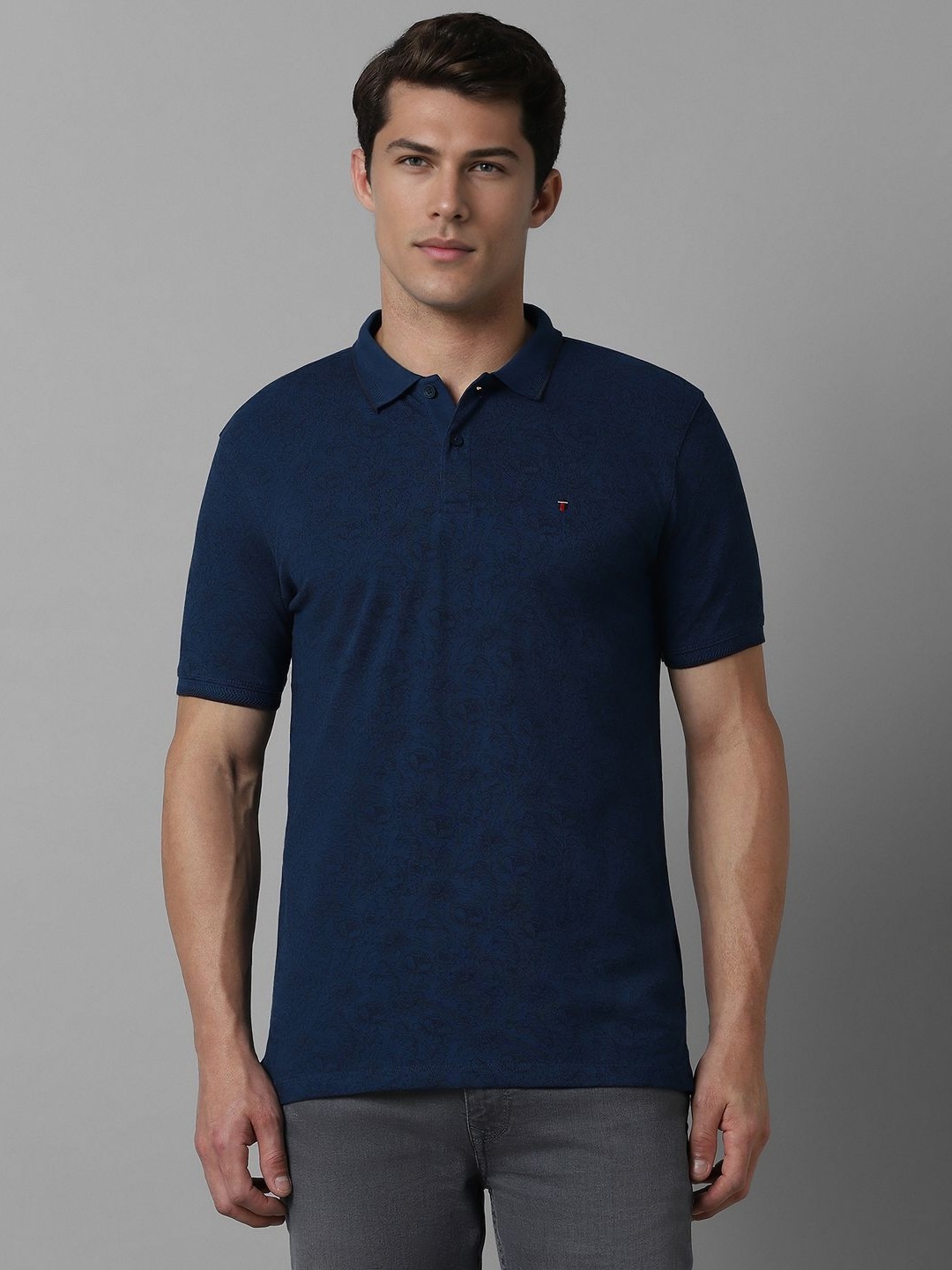 

Louis Philippe Jeans Men Floral Printed Polo Collar Cotton Slim Fit T-shirt, Navy blue