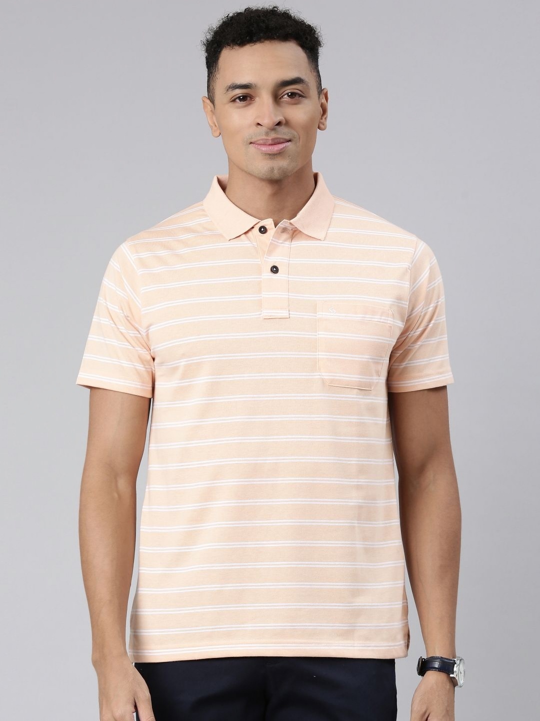 

Classic Polo Men Striped Polo Collar Cotton T-shirt, Orange