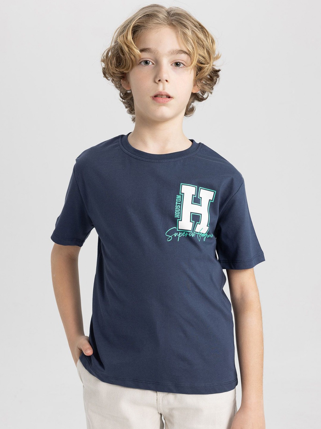 

DeFacto Boys Graphic Printed Round Neck Cotton T-shirt, Navy blue