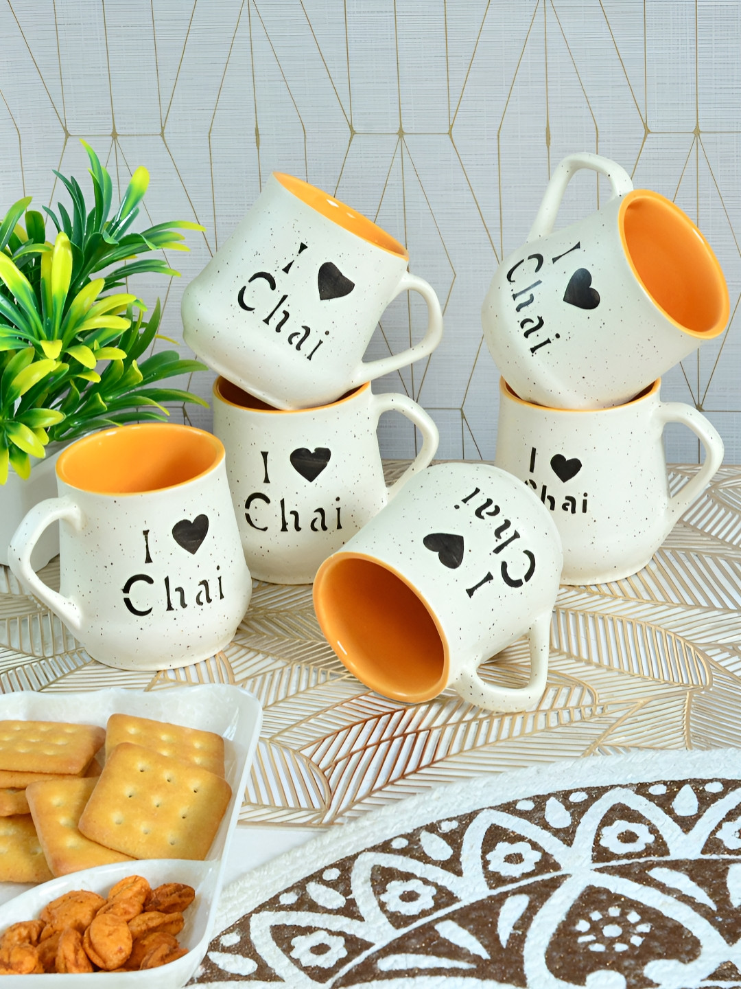 

FABINALIV Yellow & White 6 Pieces Printed Ceramic Matte Cups