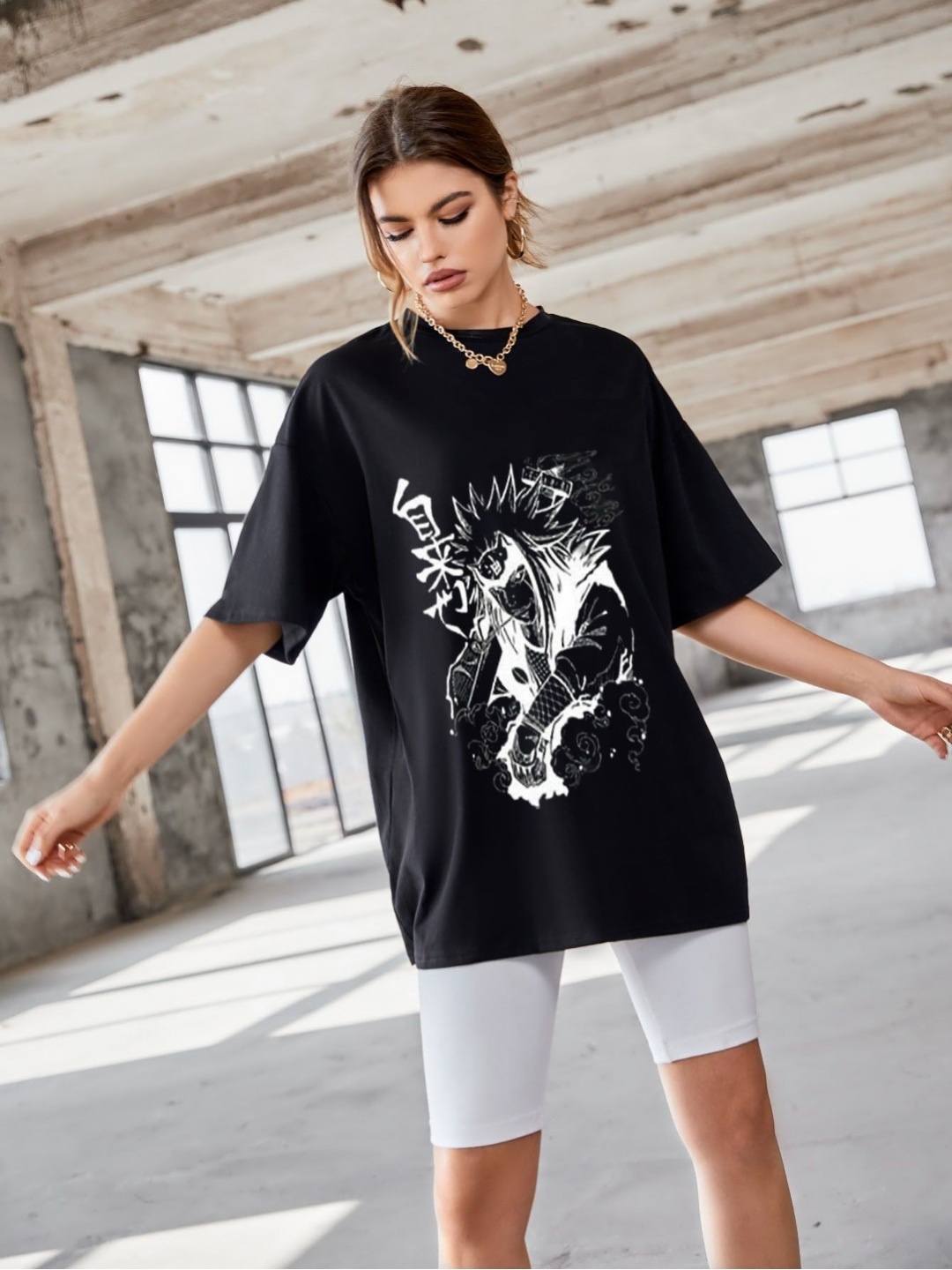 

REVEXO Women Graphic Printed Round Neck Cotton Oversized T-shirt, Black